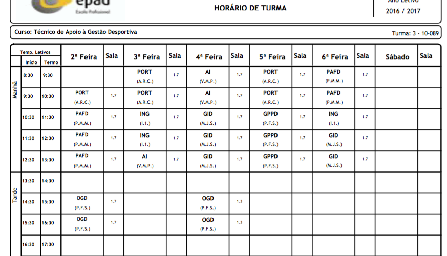 Horários Turmas 2016/2017 EPADHorários Turmas 2016/2017 EPAD